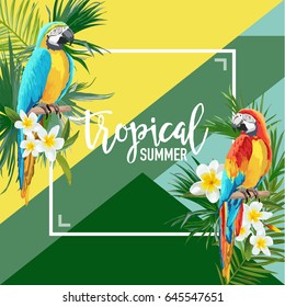 Tropical Flowers and Parrot Summer Banner, Graphic Background, Exotic Floral Invitation, Flyer or Card. Modern Front Page in Vector