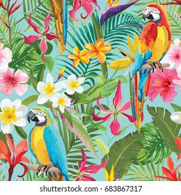 Tropical Flowers and Parrots Seamless Vector Floral Summer Pattern. For Wallpapers, Backgrounds, Textures, Textile