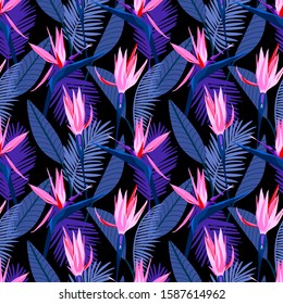  Tropical flowers pattern, Bird of paradise, strelitzia jungle leaves, seamless pattern, exotic tropic floral print background
