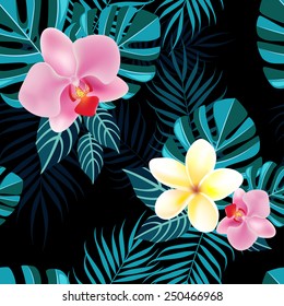 Tropical flowers pattern with blue foliage on black background
