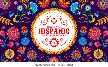 Tropical flowers pattern, national hispanic heritage month banner. Mexican and Spanish national carnival banner, Hispanic heritage month festival vector background or poster with colorful flowers