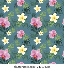 Tropical flowers pattern on blue background