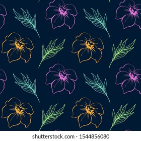 Tropical flowers pattern on dark background seamless