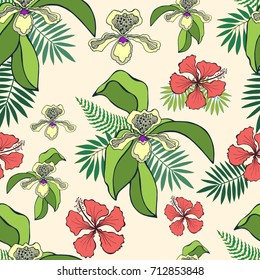 Tropical flowers pattern with palm leaves and pink and red hibiscus. Floral  exotic background.