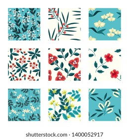 Tropical flowers pattern vector set for fabric and surface design