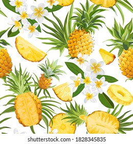 Tropical Flowers and Pineapple Seamless Pattern, Vector Fashion Exotic Background, Plumeria Fruits Texture, Tropic Jungle Wallpaper, Colorful Backdrop, Hawaii Cover Design, Watercolor Textile