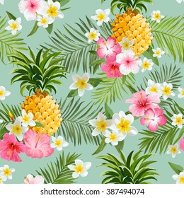 Tropical Flowers and Pineapples Background - Vintage Seamless Pattern - in vector