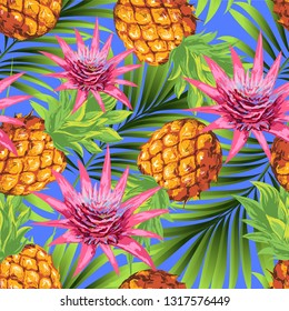 Tropical flowers with pineapples on the background of palm leaves. Vector image.