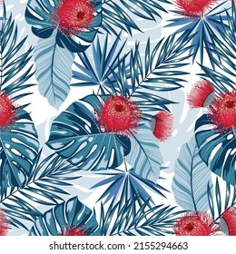 Tropical Flowers Plant Seamless Illustration. Simple Herbal Pattern With Red Eucalyptus Flower. Seamless Fabric Blue And White Background.