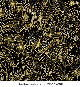 Tropical flowers, plants with butterfly pattern. Floral gold square composition on black background for greeting cards, luxury mock ups.