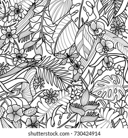 Tropical flowers, plants with dragonfly pattern. Floral square composition on white background for greeting cards, mock ups, coloring page.