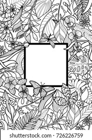 Tropical flowers and plants frame. Floral A4 composition on white background for greeting cards, mock ups, coloring pages.
