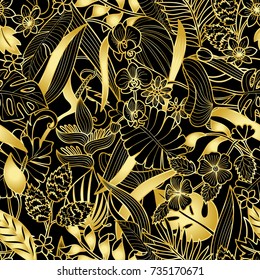 Tropical flowers, plants with golden elements seamless pattern. Floral gold square wallpaper on black background for greeting cards, luxury mock ups.