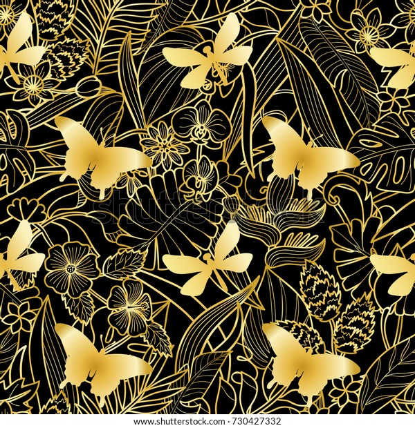 Tropical flowers, plants with golden silhouette butterfly and dragonfly seamless pattern. Floral gold square wallpaper on black background for greeting cards, luxury mock ups.