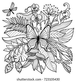 Tropical flowers, plants and insects composition. Floral coloring page.