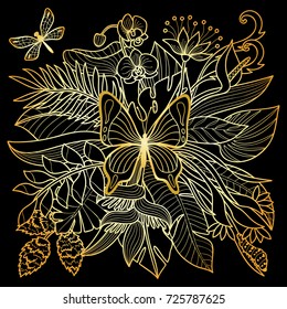 Tropical flowers, plants and insects composition. Floral gold pattern on black background.