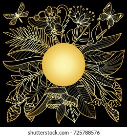 Tropical flowers, plants and insects composition. Floral gold pattern on black background with text place.