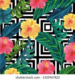 tropical flowers plants and leaves background