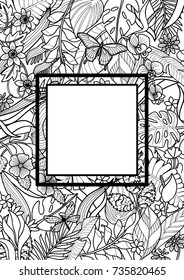 Tropical flowers and plants mock up. Floral A4 composition on black background for greeting cards, mock ups, coloring page.