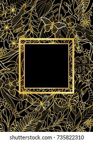 Tropical flowers and plants mock up. Floral gold A4 composition on black background for greeting cards, luxury mock ups.