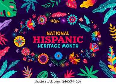 Tropische Blumen und Pflanzen, nationales hispanisches Erbe Monat Banner, Vektorgrafik Latin Kunsthintergrund. Hispano-Amerikaner Kultur Urlaub oder Festival der Tradition mit ethnischen floralen Huichol Ornament