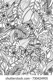 Tropical flowers and plants pattern. Floral A4 composition on black background for greeting cards, mock ups, coloring page.