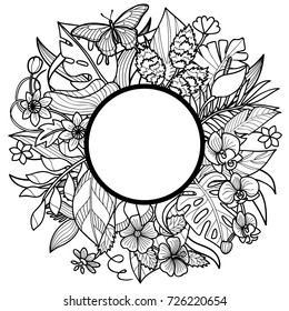 Tropical flowers and plants round frame. Floral composition on white background for greeting cards, mock ups, coloring pages.