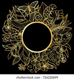 Tropical flowers and plants round frame. Floral gold composition on black background for greeting cards, luxury mock ups.