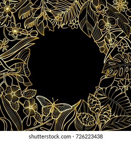 Tropical flowers and plants round frame. Floral gold composition on black background for greeting cards, luxury mock ups.