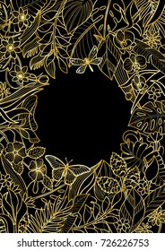 Tropical flowers and plants round frame. Floral gold A 4 composition on black background for greeting cards, luxury mock ups.