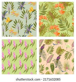 Tropical flowers and plants seamless pattern collection. Editable vector illustration.