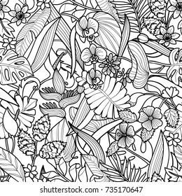 Tropical flowers and plants seamless pattern. Floral square wallpaper on white background for greeting cards, coloring pages.