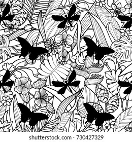 Tropical flowers, plants with silhouette butterfly and dragonfly seamless pattern. Floral square wallpaper on white background for greeting cards, coloring pages.