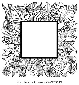 Tropical flowers and plants square frame. Floral composition on white background for greeting cards, mock ups, templates.