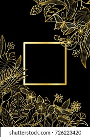 Tropical flowers and plants square frame. Floral gold A4 composition on black background for greeting cards, luxury mock ups.