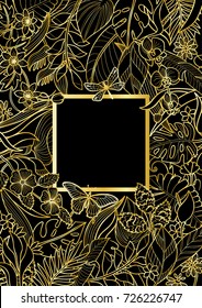 Tropical flowers and plants square frame. Floral gold A4 composition on black background for greeting cards, luxury mock ups.