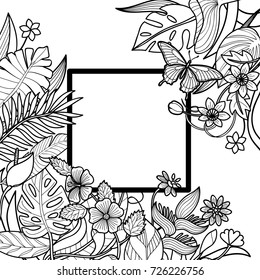 Tropical flowers and plants square frame. Floral composition on white background for greeting cards, mock ups, templates.