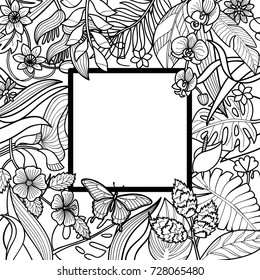 Tropical flowers and plants square frame. Floral composition on white background for greeting cards, mock ups, templates.