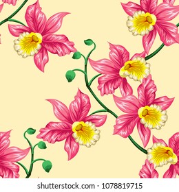 Tropical flowers pretty pattern. Seamless orchids background. Use for textile, dress, wallpaper, home design. Liberty style