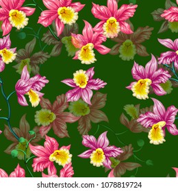 Tropical flowers pretty pattern. Seamless orchids background. Use for textile, dress, wallpaper, home design. Liberty style
