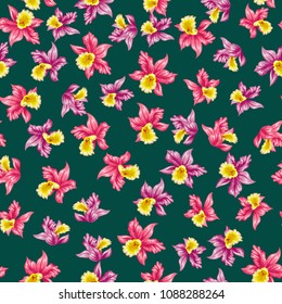 Tropical flowers pretty pattern. Seamless orchids background. Use for textile, dress, wallpaper, home design. Liberty style