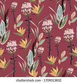 Tropical flowers, protea and strelitzia and palm leaves on a red background. Hand-drawn seamless vector pattern. Square repeating design for fabric, cards, wallpapers.