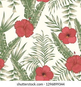 Tropical flowers red and white hibiscus on the green palm banana leaves seamless vector pattern. Exotic botanical background