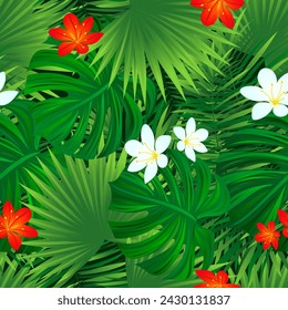 Tropical flowers repeat background. Amazon rainforest vector illustration. Summer floral seamless pattern. Exotic tropic palm leaves template wallpaper. Hawaiian colored foliage backdrop. Bright color