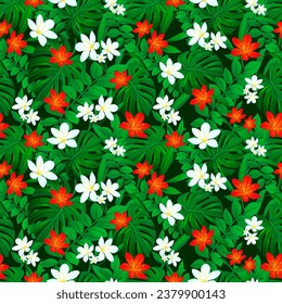 Tropical flowers repeat background. Rain forest vector illustration. Summer floral seamless pattern. Exotic tropic palm leaves wallpaper. Hawaiian colored foliage backdrop. Bright colors