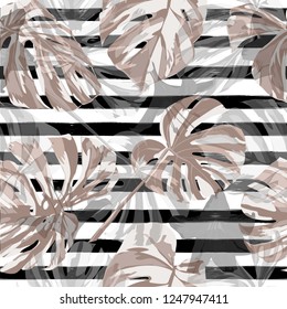 Tropical Flowers. Repeatable Illustration. Exotic Palm Greenery Backdrop. Summer Design for Swimwear. Tropical Flowers and Leaves.