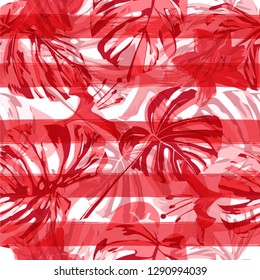 Tropical Flowers. Repeating Illustration. Summer Design for Swimwear. Exotic Palm Greenery Backdrop. Tropical Flowers and Leaves.