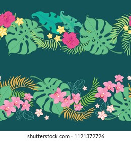 Tropical flowers seamless horizontal border. Great for summer exotic wallpaper, backgrounds, packaging, fabric, and giftwrap projects. Surface pattern design.