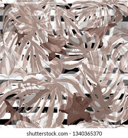 Tropical Flowers. Seamless Illustration. Exotic Palm Greenery Backdrop. Summer Design for Swimwear. Tropical Flowers and Leaves.