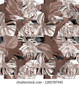 Tropical Flowers. Seamless Illustration. Summer Design for Swimwear. Exotic Palm Greenery Backdrop. Tropical Flowers and Leaves.